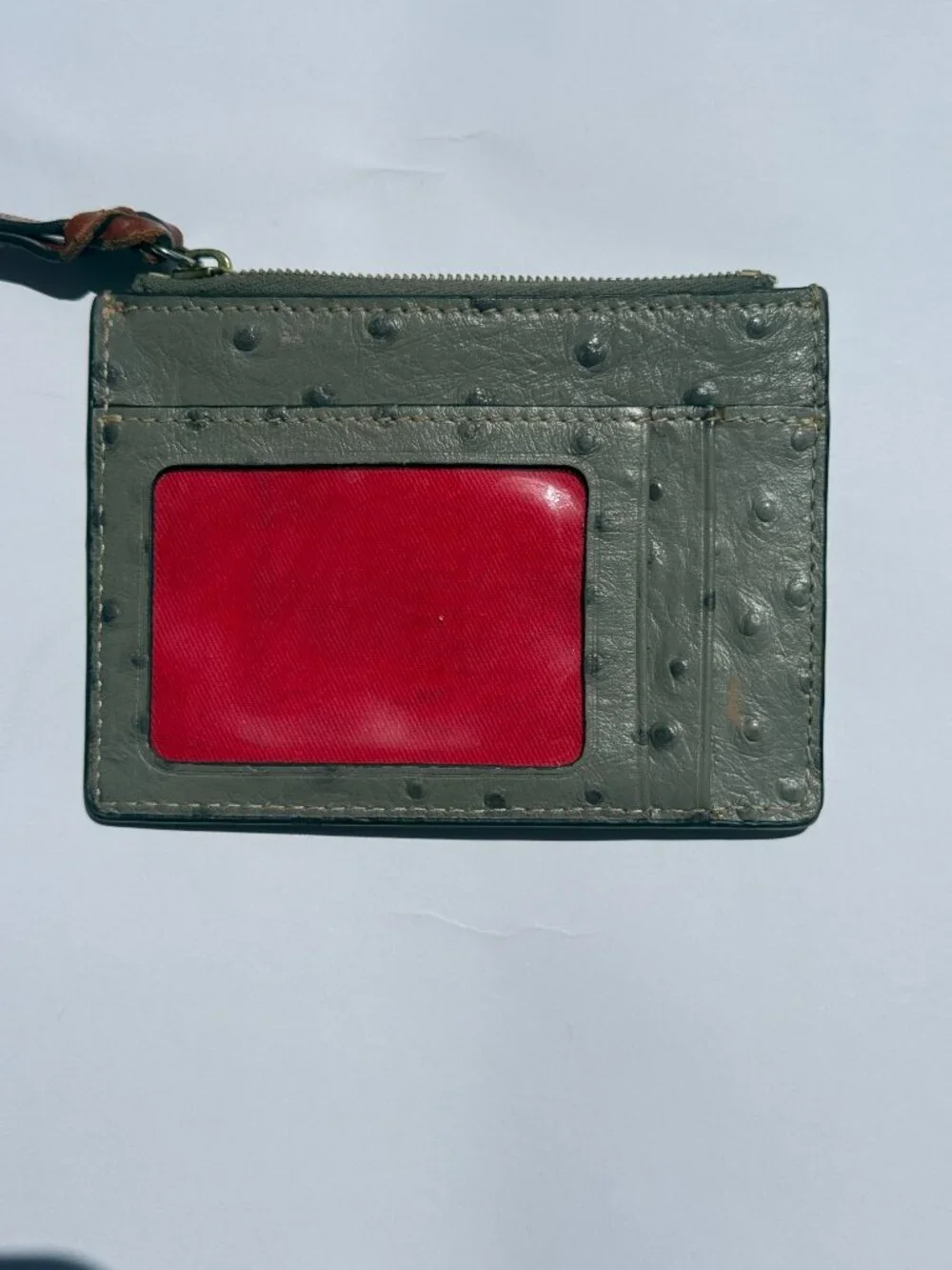 Dooney & Bourke Grey Ostrich-Embossed Zip Card Case with Gold Plaque